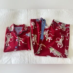 Nick & Nora | Women’s SZ S | Red Pajama Set | Skiing Monkey Elastic Tie Waist